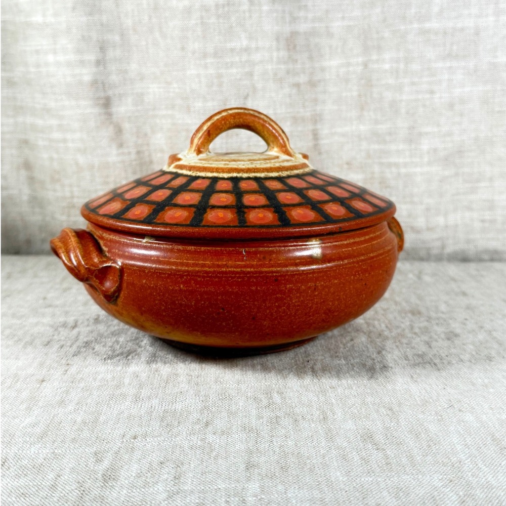 Vintage Studio Pottery Covered Lid Casserole Dish Hand Thrown Stoneware MCM